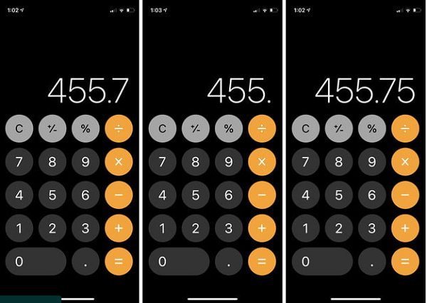 Ứng dụng Calculator trên iPhone cho phép người dùng dễ dàng điều chỉnh các con số mà không phải bắt đầu lại từ đầu. Để xóa một hoặc thậm chí nhiều số sai theo thứ tự, chỉ cần vuốt sang trái, số sai sẽ biến mất, vuốt nhiều lần để xóa hàng loạt.