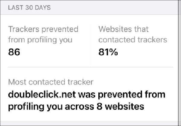 Tính năng báo cáo quyền riêng tư của Safari, theo dõi ứng dụng, theo dõi Wi-Fi. Nếu bạn nhấn vào “AA” trong thanh định chỉ của Safari, sau đó nhấn vào “Privacy Report”, bạn sẽ thấy danh sách các trình theo dõi trong trang web hiện tại. Bạn cũng sẽ thấy một báo cáo chi tiết về số lần các trình theo dõi đã cố gắng theo bạn trong 30 ngày qua.