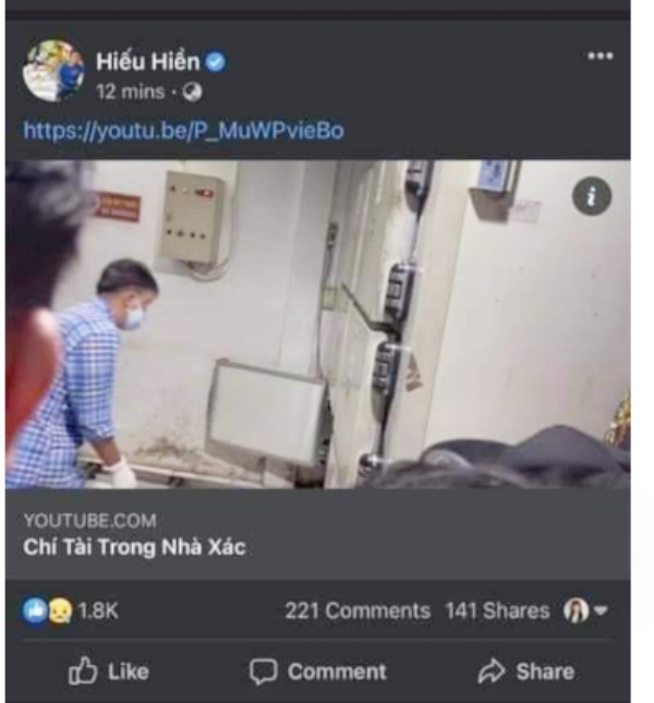 Diễn viên Hiếu Hiền gây phẫn nộ khi liên tục chia sẻ những bài viết khai thác nhiều khía cạnh xung quanh cái chết của đàn anh quá cố. Thậm chí, vợ chồng Hiếu Hiền còn vào tận nhà xác để quay video và chiếu trực tiếp những khoảnh khắc nhân viên bàn giao thi thể của nghệ sĩ Chí Tài.