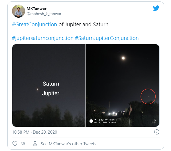 Các nhà thiên văn học cho biết, sự gần nhau giữa hai hành tinh lớn nhất trong hệ mặt trời không phải là đặc biệt hiếm. Nhưng tối qua sao Mộc và sao Thổ chỉ cách nhau một phần mười độ so với góc nhìn của chúng ta hoặc khoảng một phần năm chiều rộng của mặt trăng tròn.