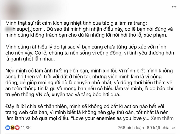 Sau khi bị anti với những lời lẽ tục tĩu, Hieu PC đã chính thức lên tiếng về vấn đề này trong group "Nhận thức về an ninh mạng cùng Hieu PC và những người bạn" (hiện đã có hơn 100.000 thành viên tham gia) với phong thái hết sức nhẹ nhàng và khiêm tốn. Đồng thời anh cũng cho biết sẽ không có bất kì hành động nào tác động đến trang web anti trên.