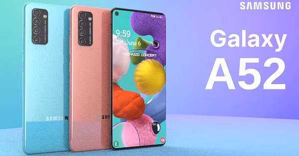 Galaxy A52 tầm trung sử dụng màn hình 6,5 inch với 4 camera phía sau và nhận dạng vân tay dưới màn hình.