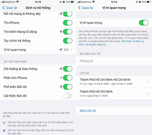 Sau đó bạn chọn Location services (dịch vụ định vị) - System Services (dịch vụ hệ thống) - Significant location (vị trí quan trọng).
