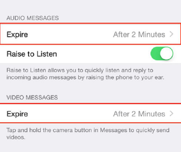 Gửi tin nhắn thoại và video tự hủy trong 2 phút bằng cách vào Settings &gt; Messages và di chuyển xuống phía dưới sẽ thấy phần tin nhắn âm thanh và video. Bạn có thể chọn thời gian hết hạn xem sau 2 phút hoặc không bao giờ trong mục Expire.