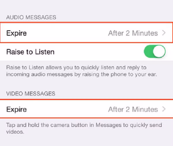 Gửi tin nhắn thoại và video tự hủy trong 2 phút bằng cách vào Settings > Messages và di chuyển xuống phía dưới sẽ thấy phần tin nhắn âm thanh và video. Bạn có thể chọn thời gian hết hạn xem sau 2 phút hoặc không bao giờ trong mục Expire.