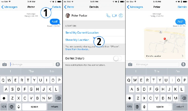 Nếu muốn chia sẻ vị trí qua tin nhắn SMS, mở ứng dụng Message (tin nhắn) và chọn một cuộc trò chuyện bất kỳ. Tiếp theo, người dùng chỉ cần bấm vào ảnh đại diện của người đang trò chuyện và chọn Info (thông tin), lúc này bạn sẽ có hai lựa chọn là Send My Current Location (gửi thông tin vị trí hiện tại) và Share My Location (chia sẻ vị trí của tôi).