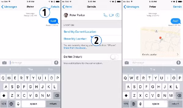 Nếu muốn chia sẻ vị trí qua tin nhắn SMS, mở ứng dụng Message (tin nhắn) và chọn một cuộc trò chuyện bất kỳ. Tiếp theo, người dùng chỉ cần bấm vào ảnh đại diện của người đang trò chuyện và chọn Info (thông tin), lúc này bạn sẽ có hai lựa chọn là Send My Current Location (gửi thông tin vị trí hiện tại) và Share My Location (chia sẻ vị trí của tôi).