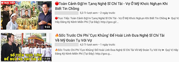 Trước đó, kênh YouTuber này cũng đã dùng đám tang của cố nghệ sĩ để câu view dù nội dung hoàn toàn không liên quan. Nhìn lượt xem có thể thấy đối tượng này đã đạt được mục đích của mình.