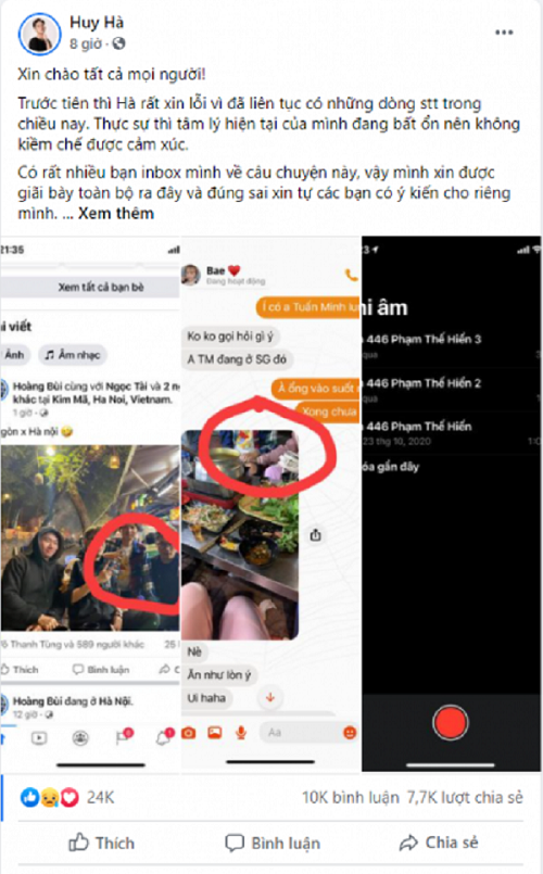 Tuy nhiên, cộng đồng game Việt được một phen rúng động khi Hà Tiều Phu bất ngờ tố bạn gái "cắm sừng" mình kèm bằng chứng trên trang cá nhân.