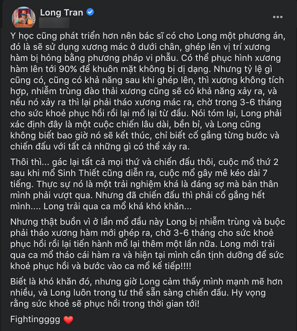 Tuy nhiên, người hâm mộ không khỏi hoang mang khi nghe tin Long Chun bị mắc khối u ngay tại vùng xương hàm có thể đe dọa đến tính mạng.