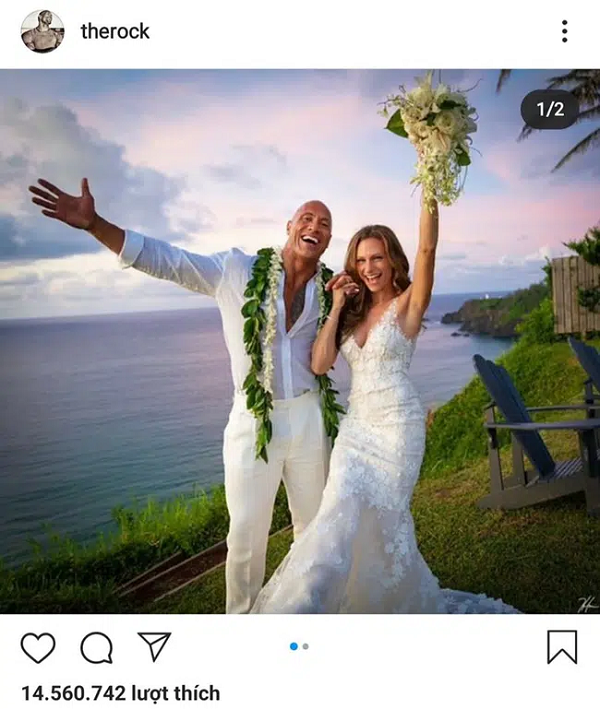 Xếp thứ 8 là bức ảnh đám cưới siêu vui vẻ và hạnh phúc của cặp đôi Dwayne Johnson - Lauren Hashian ở Hawaii.