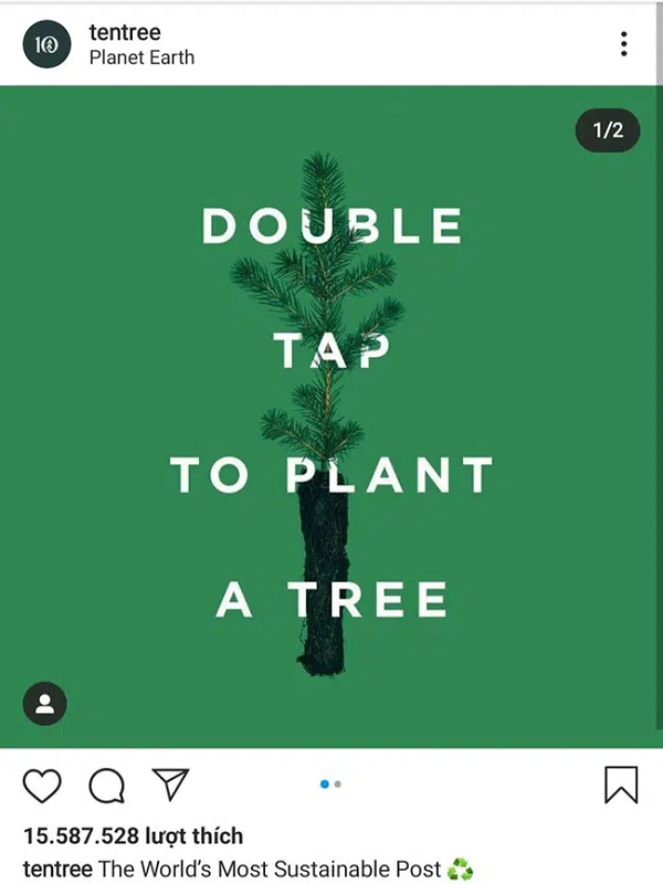 Vị trí thứ 5 là bài đăng hứa hẹn sẽ chuyển lượt like thành cây xanh, với 5 triệu lượt like sẽ có 500k cây được trồng thêm. Tại thời điểm môi trường là một vấn đề nhức nhối, không có gì ngạc nhiên khi bài viết đã tăng vọt lượt tương tác và leo lên một vị trí cao.