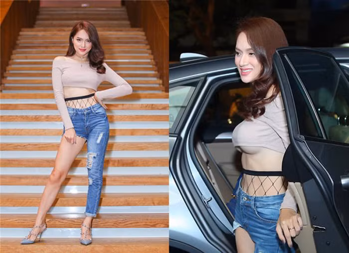 Không chỉ người mẫu, đến hoa hậu Hương Giang cũng không giữ hình ảnh khi mặc lên mình chiếc quần thiết kế “một mất một còn”. Không những vậy, cô còn diện áo làm lộ nguyên vùng chân ngực. Thiết kế quá ngắn khiến người nhìn có cảm giác ngực mỹ nhân chỉ cần một động tác mạnh là có thể “bung lụa”.