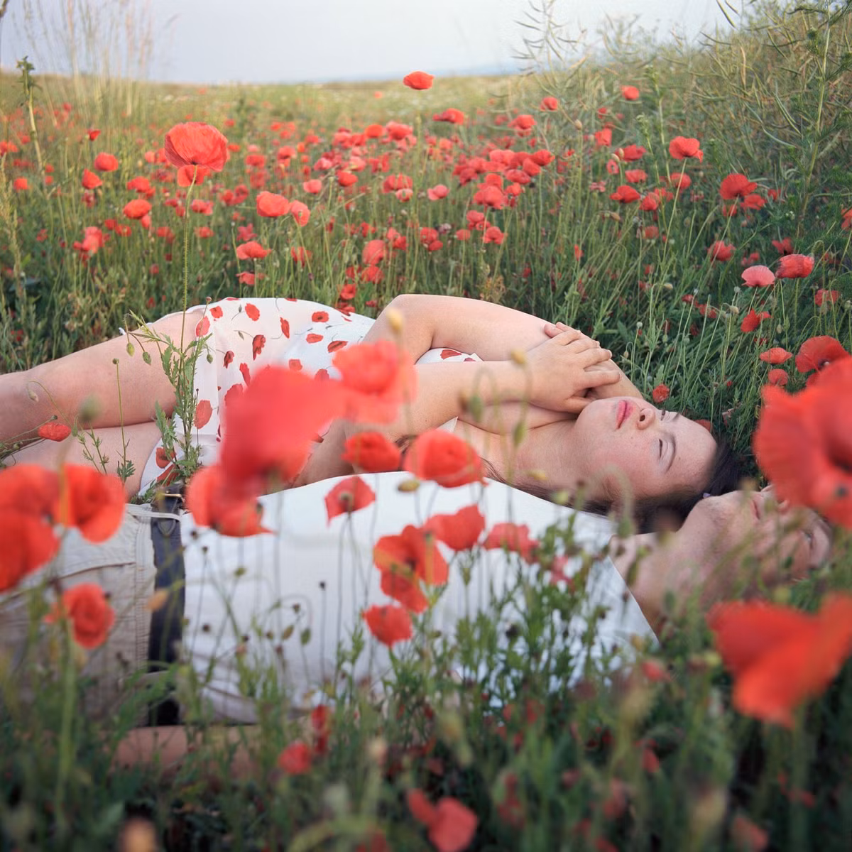 Ngay cả khi đang vuốt ve bàn tay của bạn trai nằm giữa cánh đồng hoa anh túc tuyệt đẹp thì Sofie dường như vẫn ở trong thế giới riêng đó.