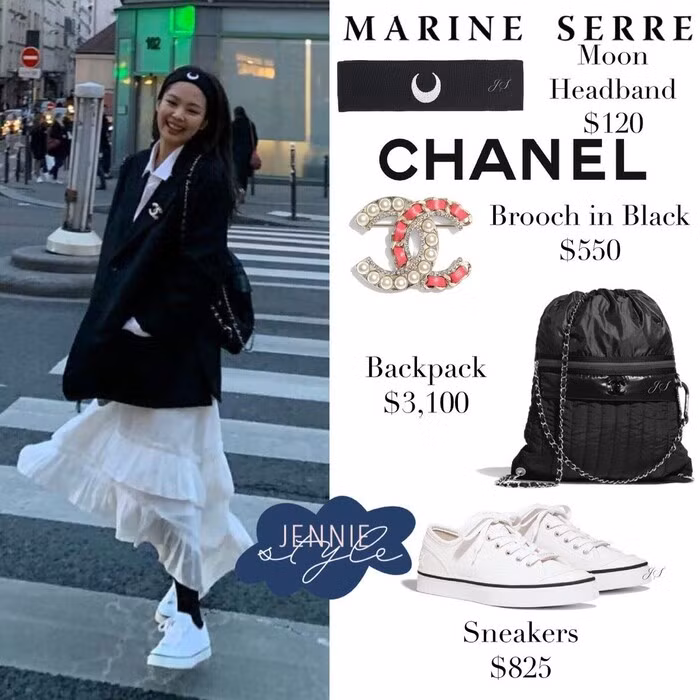 Thiết kế băng đô Marine Serre mặt trăng lưỡi liềm có giá hơn 2,7 triệu đồng. Kiểu băng đô này từng tạo cơn sốt khi Jennie Black Pink đeo trên tóc trong một chuyến du lịch.