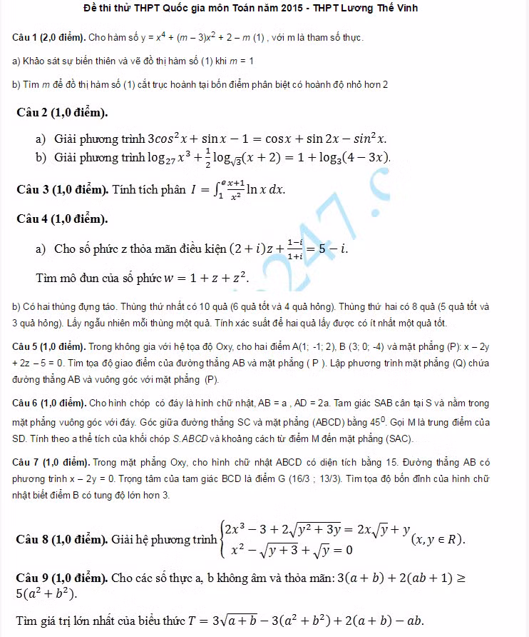 De thi thu THPT Quoc gia 2015 mon Toan truong Luong The Vinh