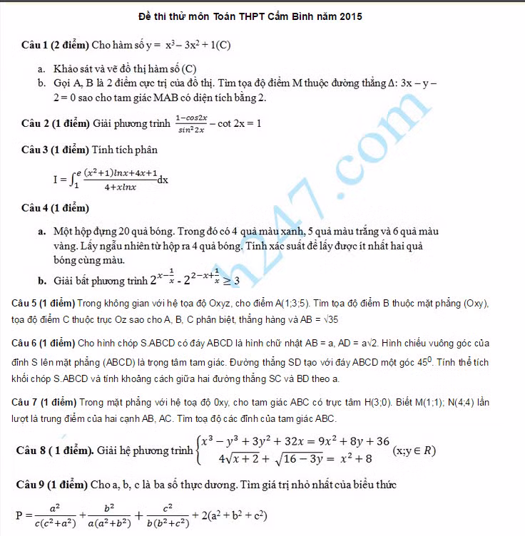 De va dap an thi thu THPT Quoc gia mon Toan 2015 -THPT Cam Binh