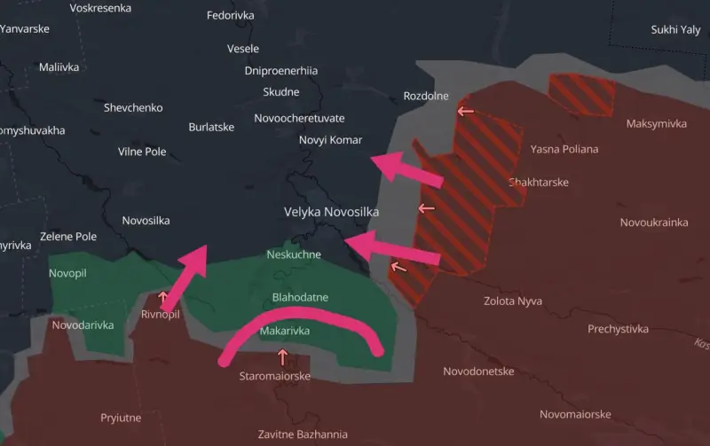 Do Quân đội Nga tiến công quá nhanh và bất ngờ, họ đã tạo ra một vòng vây ở phía đông của thành phố Velikaya Novoselka. Để tránh bị bao vây, quân Ukraine trong vòng vây này buộc phải rút lui trên diện rộng. Nếu Quân đội Nga hoàn toàn chiếm được vòng vây này, họ có thể tiến hành bao vây Velikaya Novoselka, tuy nhiên, có thể sẽ phải đợi đến khi Kurakhove bị chiếm. Ảnh: Topwar.