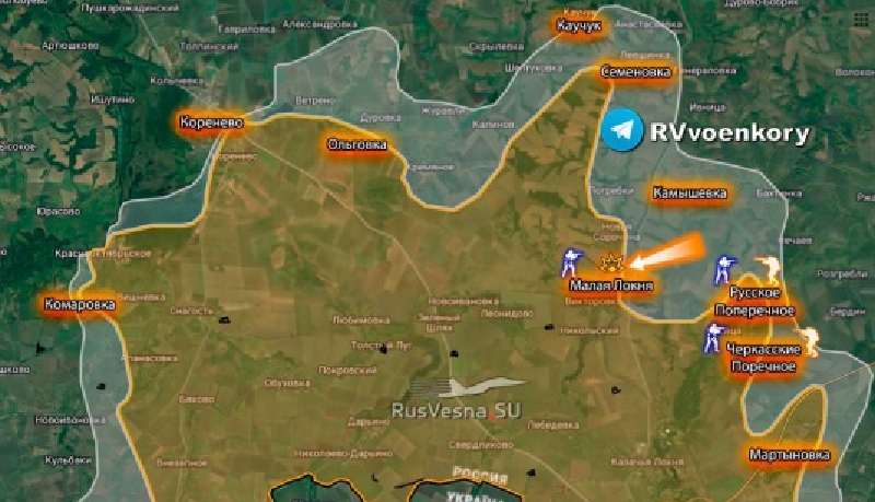 Trong tình huống này, Quân đội Nga rất khó đạt được tiến triển lớn, chỉ có thể tiến từng bước nhỏ, mỗi vài trăm mét cũng được coi là một chiến thắng lớn. Một số khu vực đặc biệt là mặt trận tập trung xung quanh làng Malaya Loknya, liên tục thay đổi. Ảnh: RVvoenkory.