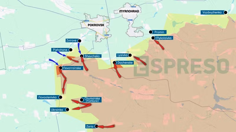 Ngoài ra, Quân đội Nga tại Novotroitske cũng đã tiến về phía tây, đến làng Novovasilyevka. Tuy đã từng tấn công vào bên trong ngôi làng này, nhưng do quân Ukraine kháng cự quyết liệt, quân Nga đã rút lui và thiết lập trận địa ở phía đông của làng. Ngôi làng này cách tỉnh Dnipropetrovsk chưa đầy 6 km. Ảnh: Espreso.tv.