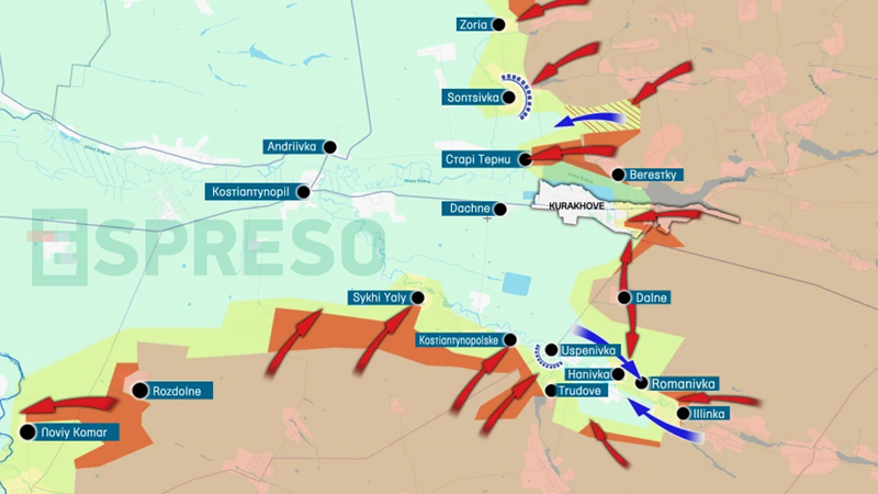 Ngoài ra, lực lượng Nga tiến công từ hướng đông nam đã mở rộng chiến tuyến đến làng Dalne, ngang bằng với khu vực trung tâm thành phố Kurakhove. Hiện tại, quân Nga có khả năng tiến hành tấn công trực tiếp vào trung tâm thành phố hoặc bao vây dọc theo con đường ngoại vi ở phía nam của thành phố. Ảnh: Espreso.tv.