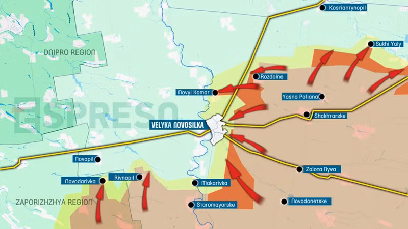 Tại khu vực Velyka Novosilka ở phía tây nam, Quân đội Nga hầu như từ bỏ các cuộc tấn công trực diện, thay vào đó đột phá từ hai cánh nam và bắc, chuẩn bị thực hiện chiến thuật “3 vây, 1 chặn”. Ảnh: Espreso.tv.