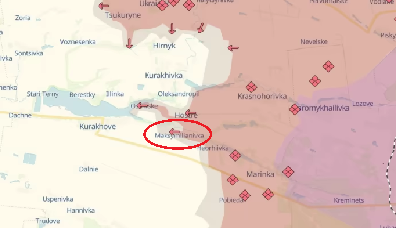 Cùng lúc đó, quân đoàn phía đông của Nga tiến từ làng Maksymilianivka dọc theo con đường chính đã tiến đến vùng ngoại ô phía nam của Uspenivka. Điều này đồng nghĩa với việc nếu chiếm được Uspenivka, hai quân đoàn lớn của Nga sẽ hoàn toàn khép kín vòng vây phía nam của Kurakhove. Ảnh: Pravda.