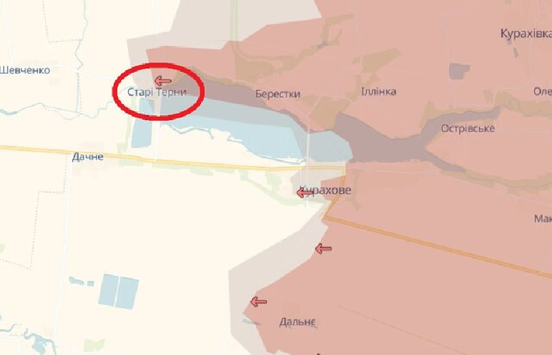 Theo tổ chức tình báo nguồn mở Ukraine DeepState, sau khi quân Nga ở phía bắc chiếm được làng Stari Terny và phía nam tiến đến làng Uspenivka, Quân đội Ukraine đã bị mắc kẹt trong hai vòng vây lớn. Ảnh: Antikor.