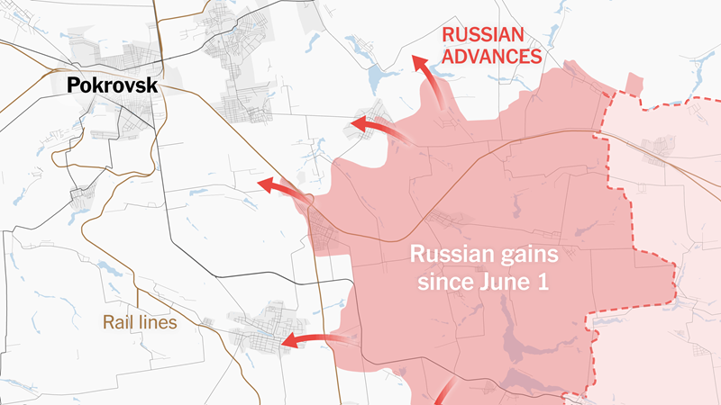 Theo quan sát viên Yuri Podolyaka ngày 26/12, cuộc tấn công của Quân đội Nga ở phía nam Pokrovsk được chia thành hai hướng chính: một là tiến công từ nam lên bắc nhằm vào chính Pokrovsk, hai là tiến công về phía tây, tiến sâu vào tỉnh Dnipropetrovsk. Trong 48 giờ qua, Quân đội Nga đã đạt được những bước tiến quan trọng trên cả hai hướng này. Ảnh: New York Times.