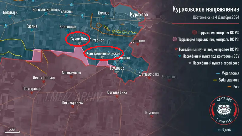 Cuộc tấn công thứ hai của quân Nga diễn ra ở khu vực phía nam Kurakhove. Thông qua nhiều đợt tấn công cơ giới cấp đại đội và trung đội, Quân đội Nga đồng thời tấn công các làng Sukhyi Yaly và Constantinople. Ảnh: Topwar.
