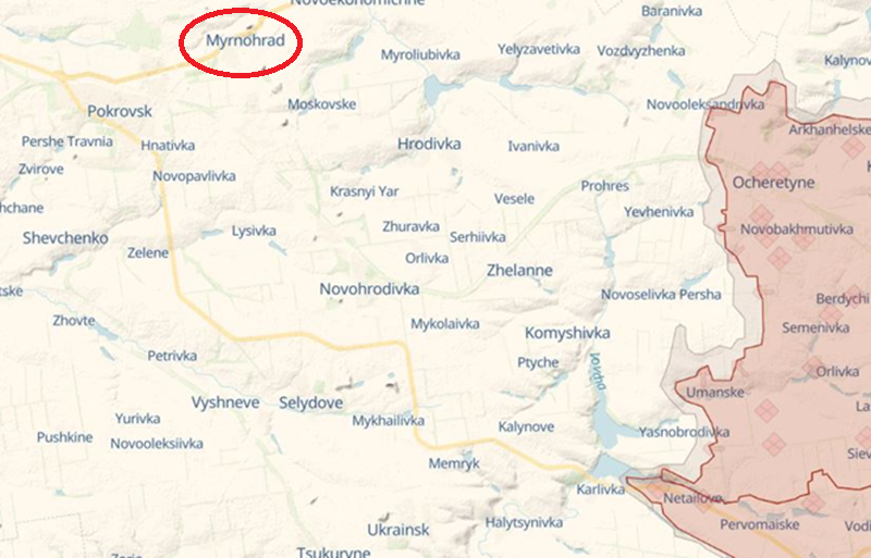 Các lực lượng của Tập đoàn quân số 41 của Nga đã vượt qua sông Kazeniy Torets và thiết lập một bàn đạp khá lớn trên bờ đối diện. Theo đánh giá, quân Nga dường như đang chuẩn bị chiếm giữ tuyến đường cao tốc bên kia sông, sau đó tiến dọc theo con đường này về phía tây bắc đến làng Novoekonomichne, có vẻ như nhằm bao vây Myrnohrad từ phía đông và trực tiếp tiến đến khu vực phía bắc của thành phố. Ảnh: Euromaidan Press.