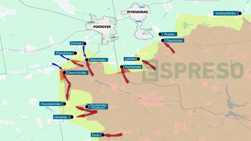 Nếu quân Nga chiếm được Dachnoye, họ có thể tiến hành hai hướng tấn công: một mặt tiếp tục xông lên Pokrovsk, mặt khác, tấn công theo các tuyến đường phụ để đánh chiếm bốn ngôi làng lân cận. Ở phía đông, đó là làng Lisivka và Sukhi Yaly, vốn được xem như tuyến phòng thủ cuối cùng của khu vực đông nam Pokrovsk. Ảnh: Espreso.tv.