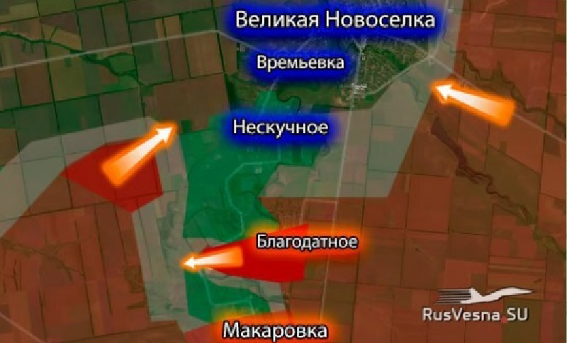 Sau đó các binh sĩ Nga đã giải phóng khu định cư Storozhevoe và tiến lên các ngọn đồi theo hướng các khu định cư Neskuchnoye và Vremevka, những nơi giáp ranh với Velikaya Novoselka. Theo chuyên gia quân sự Yuri Podolyaka, để giành quyền kiểm soát hoàn toàn khu vực này, quân Nga chỉ cần chiếm thêm một vị trí cuối cùng, từ đó cả hai ngôi làng sẽ nằm trong tầm tay. Ảnh: Telegram.