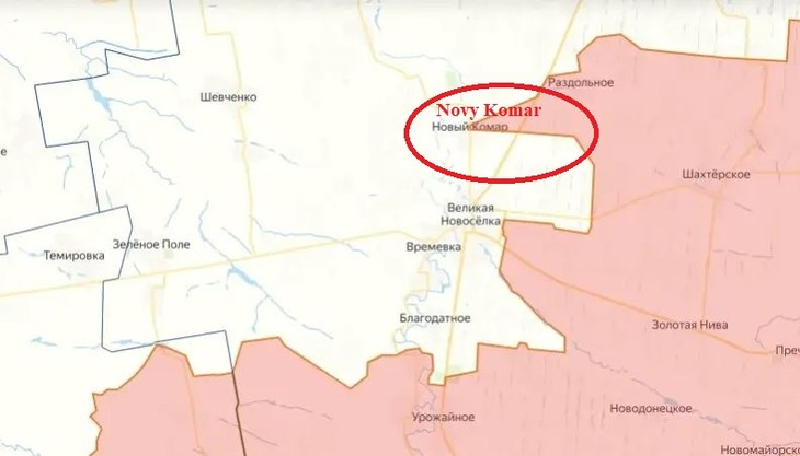 Sau khi giải phóng Neskuchnoye, số phận của Velikaya Novoselka và đơn vị đồn trú của Quân đội Ukraine sẽ gần như được định đoạt. Bởi lẽ, trước đó, quân Nga đã tiến vòng qua khu định cư từ phía bắc và bắt đầu bao vây khu vực này ở vùng Novo Komar. Ảnh: Topwar.