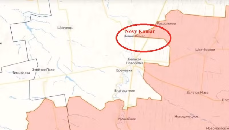 Sau khi giải phóng Neskuchnoye, số phận của Velikaya Novoselka và đơn vị đồn trú của Quân đội Ukraine sẽ gần như được định đoạt. Bởi lẽ, trước đó, quân Nga đã tiến vòng qua khu định cư từ phía bắc và bắt đầu bao vây khu vực này ở vùng Novo Komar. Ảnh: Topwar.