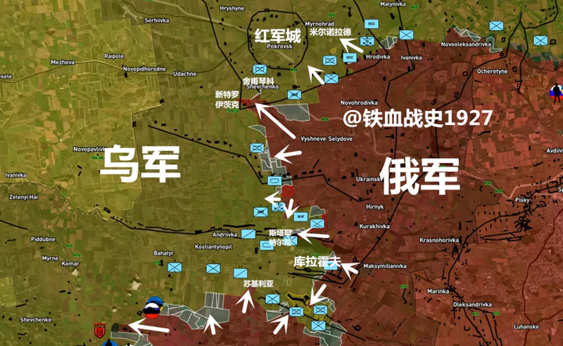 Theo tình hình hiện tại, quân Nga đang chia làm hai hướng tiến quân: một hướng tiến lên phía bắc để tấn công Shevchenko và tại đây họ đã chiếm được ít nhất ba con đường trong làng; hướng còn lại tiếp tục tiến về phía tây, chuẩn bị tấn công làng Novotroitske, một địa điểm cũng có giá trị chiến lược. Ảnh: Sina.