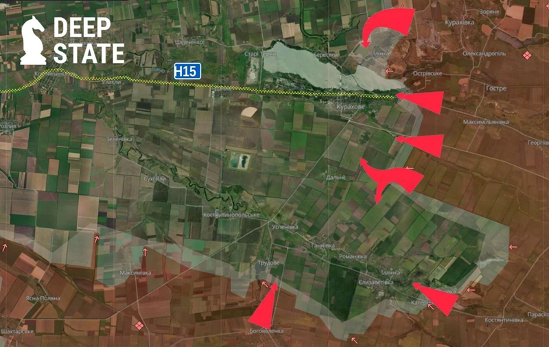 Ở phía bắc Kurakhove, quân Nga đã giải phóng khu định cư Novoselivka và vào ngày 14/11, giải phóng làng Voznesenka. Đến ngày 15/11, họ tuyên bố chiếm được Stepanivka và vào ngày 18/11, tiếp tục thông báo chiếm được Novo Alexeyevka nằm ở phía tây bắc Kurakhove. Ảnh: Deep State.