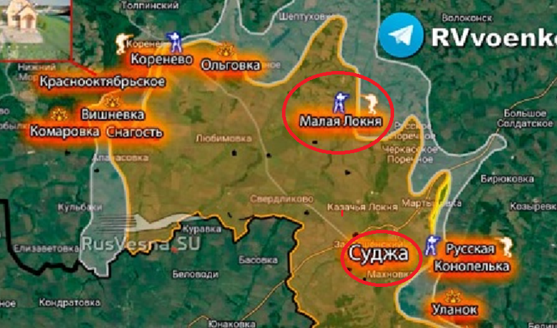 Nhìn trên bản đồ, Russkoye Porechye và Cherkassy Porechye nằm ở phía đông nam Malaya Loknya, trong khi khu vực này là trung tâm hậu cần của Quân đội Ukraine ở phía bắc Kursk. Do đó, nếu quân Nga hoàn toàn chiếm được hai ngôi làng này và tiếp tục tiến về phía tây và tây nam, họ có thể cắt đứt tuyến đường nối Malaya Loknya với Sudzha. Ảnh: Eadaily.