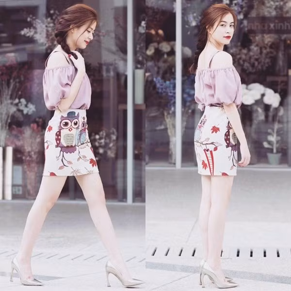 Với sự kết hợp nữ tính tuyệt đối áo trễ vai màu hồng phấn nhã nhặn cùng chân váy họa tiết xinh xắn, đôi giày cao gót ánh kim làm Hoàng Thùy Linh trông nổi bật với phong cách thời trang đường phố.