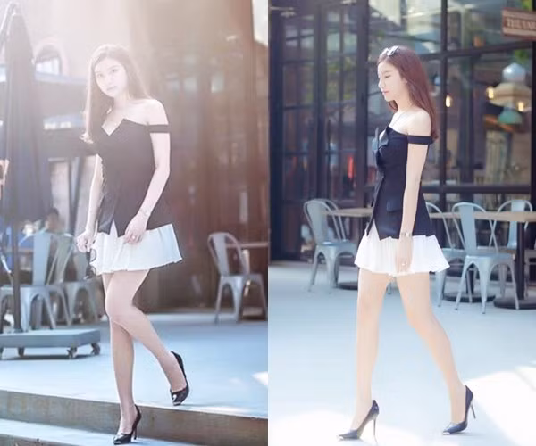 Hạnh Sino gợi cảm với đầm lộ vai trần với thiết kế hai màu đen-trắng bắt mắt.