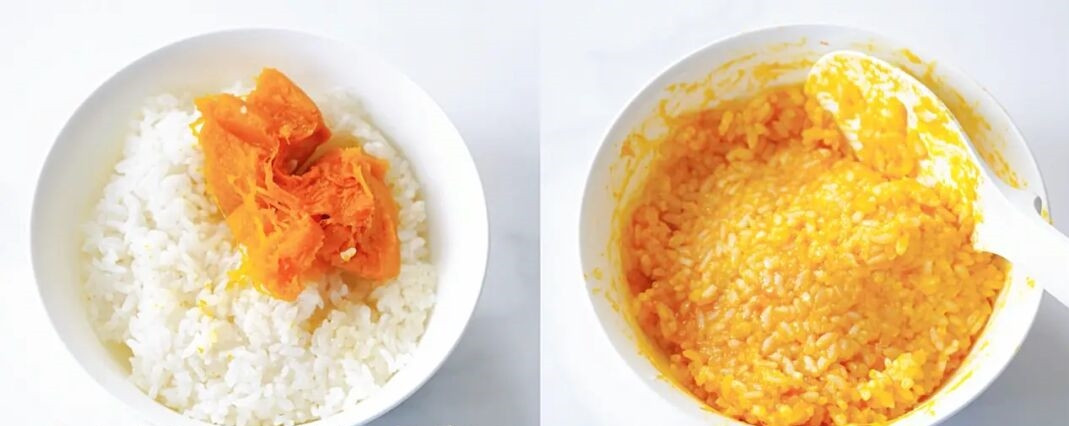 Các bước thực hành như sau. Đầu tiên là bí đỏ gọt vỏ, hấp chín, nghiền thành bột nhuyễn rồi trộn với cơm.