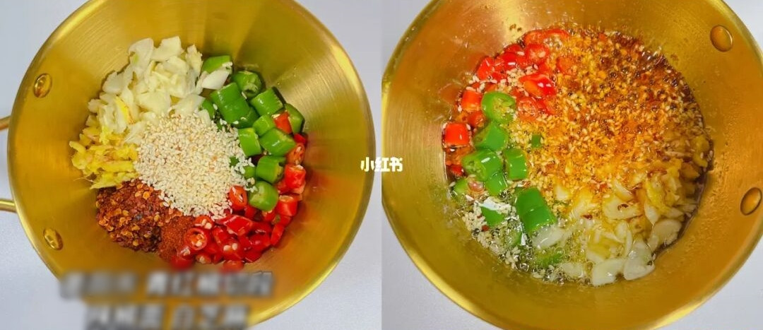 Tiếp theo xắt nhỏ ớt, tỏi, gừng, thêm ớt bột, thêm vừng, hạt nêm, dầu hào, xì dầu, một chút đường tuỳ khẩu vị. Có thể thêm chanh nếu như bạn muốn ăn kiểu chua ngọt thanh nhã.