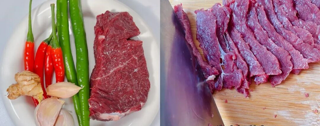 Bước một là rửa sạch nguyên liệu, thái mỏng thịt bò.