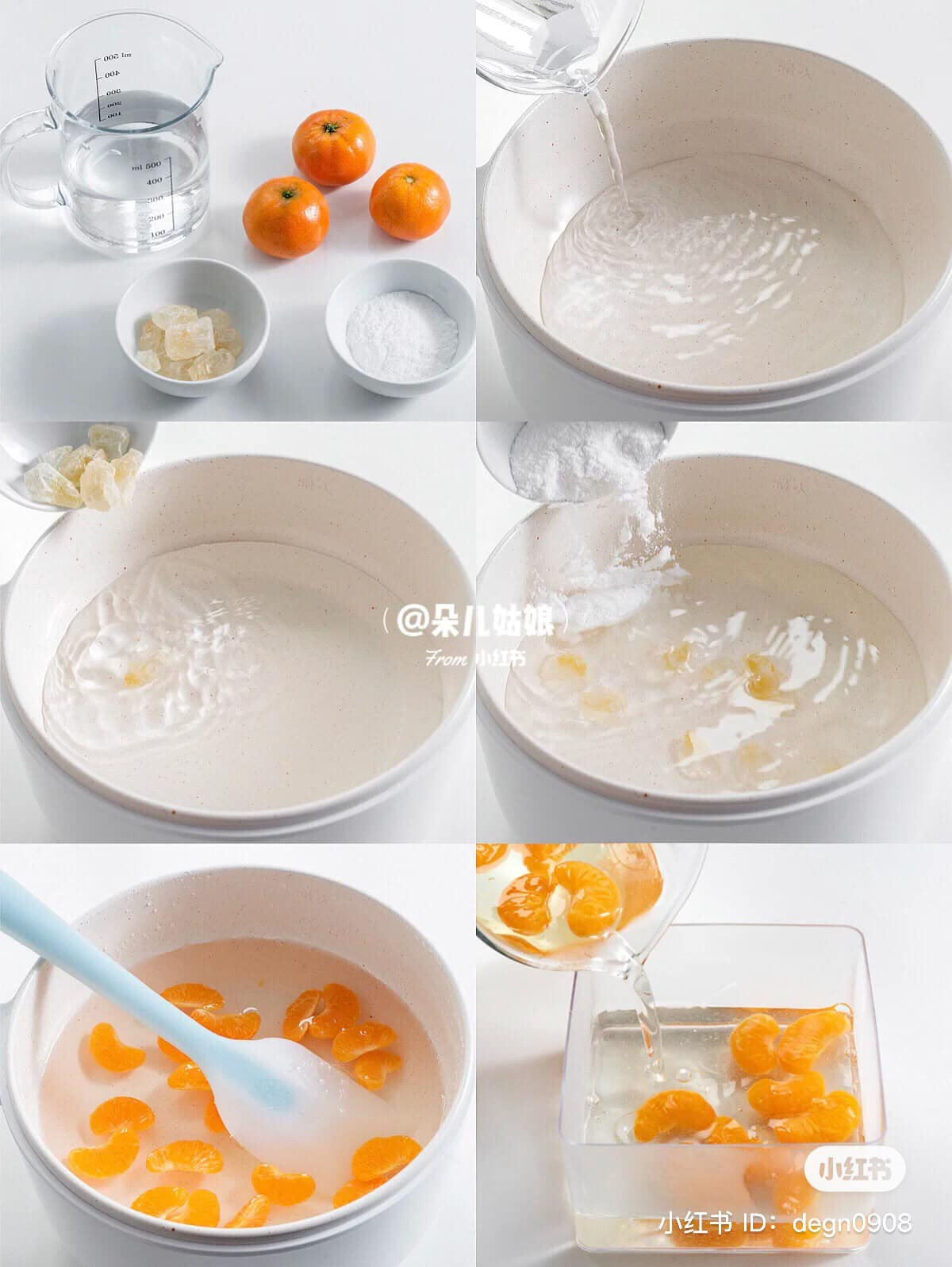 Tiếp theo, cho nước lọc, đường phèn và bột rau câu vào nồi, khuấy đều rồi đun sôi sau đó cho múi quýt đã tách vào. Xong xuôi, đổ vào khuôn, để nguội cho đông đặc lại.