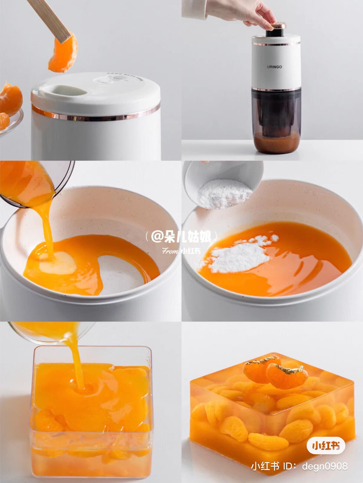 Cho múi quýt vào máy ép nước trái cây, ép lấy nước rồi đổ vào nồi, cho thêm bột rau câu, đổ thêm một ít đường.