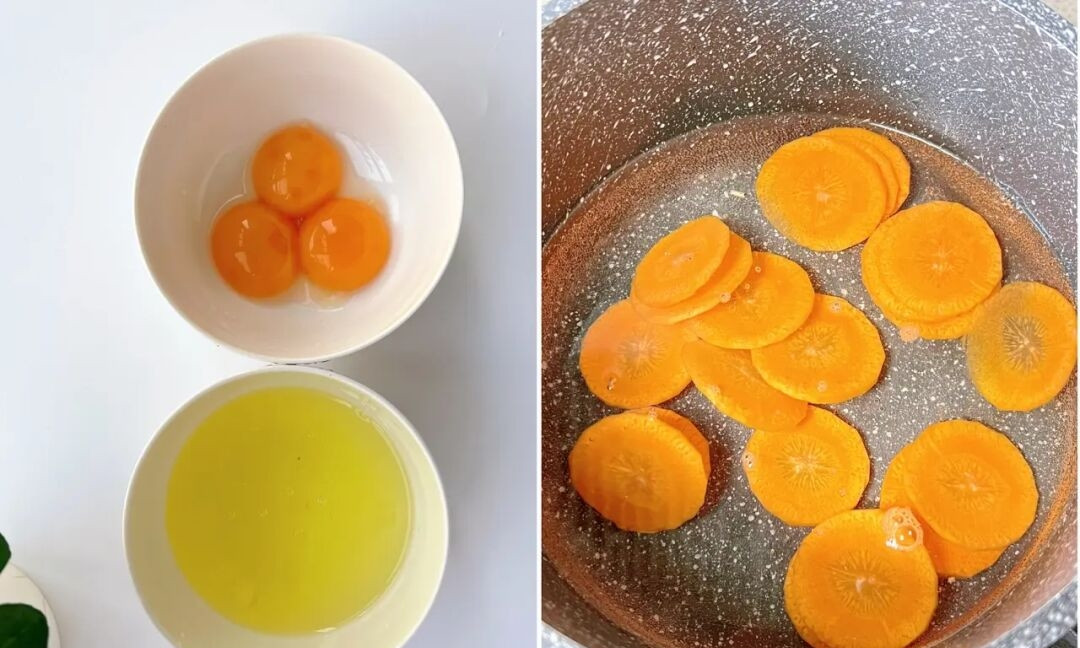 Cách làm rất dễ dàng, chỉ cần làm theo các bước trong hình là có thể nhanh chóng hoàn thành rồi. Đầu tiên, tách lòng trắng và lòng đỏ trứng gà rồi đánh riêng. Trẻ trên 1 tuổi có thể nêm thêm chút muối vừa ăn.