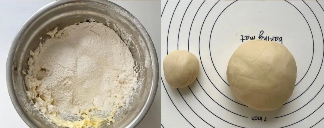 Cho thêm bột mỳ đã rây mịn, nhào bột thành khối. Để ra một phần nhỏ làm mũi hổ.