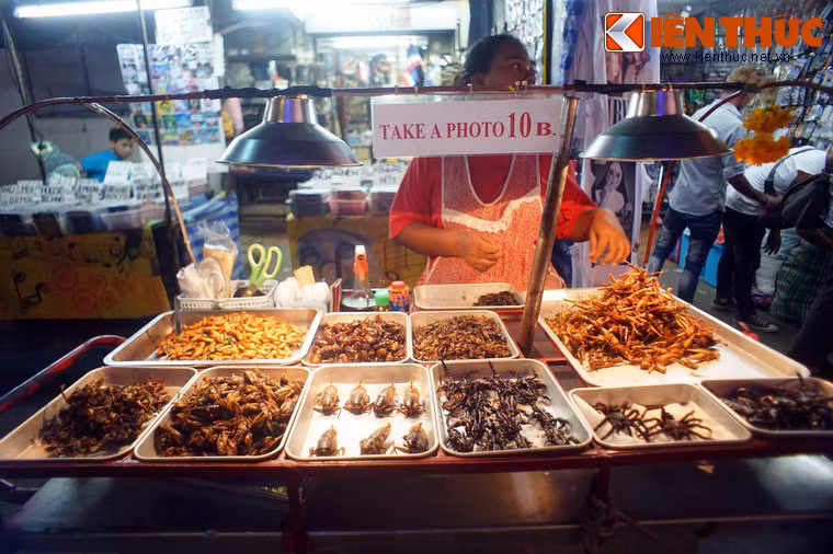 Những người bán côn trùng còn "kiếm thêm" bằng cách thu phí 10 Bath (tương đương 7.000 VND) cho những du khách muốn chụp ảnh quầy hàng của mình.