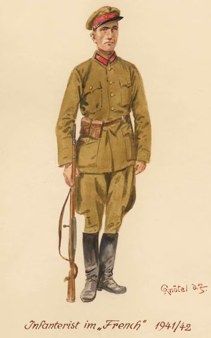 Một chiến sĩ bộ binh Liên Xô trong áo khoác đồng phục "kiểu Pháp", 1941 - 1942. Ảnh: Englishrussia.com