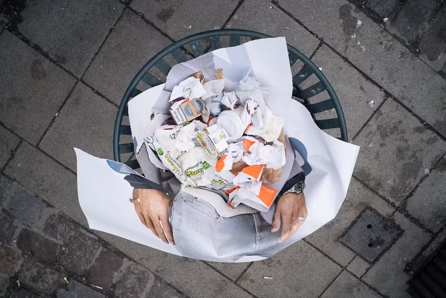 Giống như chiếc thùng rác đã nuốt chửng một người đàn ông, thế nhưng tất cả chỉ là một tấm poster được nhét vội vàng.